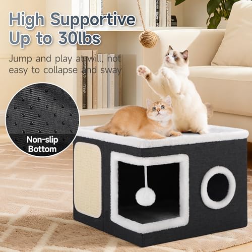 Cat House Bed for Indoor Cats with Fluffy Ball and Scratch Pad Black (Black / Large)