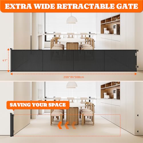 Retractable Baby Gate Extra Wide (Black / 41" Tall x 200" Wide)