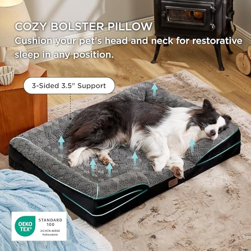 Orthopedic Dog Beds Large Sized Dog Washable Original Design (Plush-Black / 35"l X 25"w X 6.5"th)