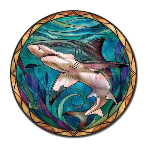 Metal Sign Tin Sign Circular Stained Glass Shark Garage Sign for Pet 8×8 Inches (8×8 Inches / Shark-1)