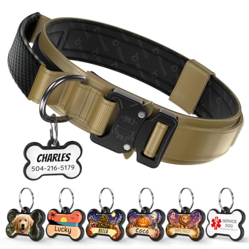 Personalized Tactical Dog Collar with Custom Photo Name for Large Dogs (Khaki / L: Fits Neck 17.5"-21.5")