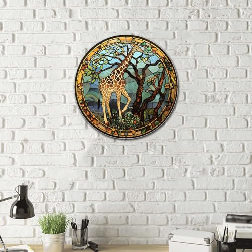 Metal Sign Tin Sign Circular Stained Glass Giraffe Bathroom Signs for Home for Gift 12×12 Inches (12×12 Inches / Giraffe-1)