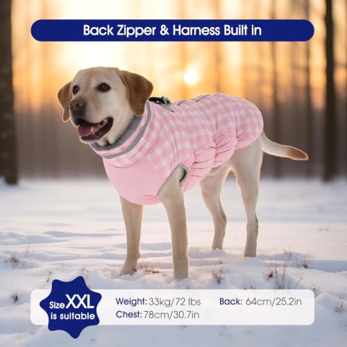 Dog Winter Coat Fleece Warm Large Dog Coat with Harness Built in (Pink Plaid / XL(chest:30in）)