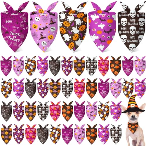 50 Pcs Halloween Dog Bandanas Bulk (Ghost Pattern / 25.6 x 17.7 x 17.7 Inch)