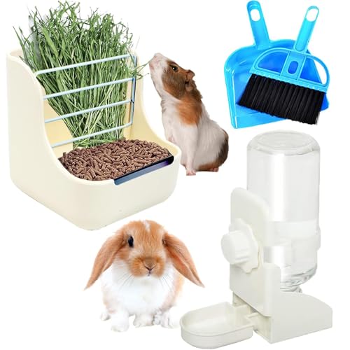 Rabbit Hay Food Bin Feeder and Bunny Water Bottle Set (WHITE / Large)