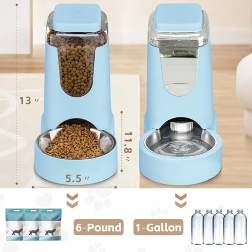 Portable Automatic Cat Feeder and Water Dispenser with Stainless Steel Bowl Dog Gravity Food Feeder and Waterer for Small Medium Pets Puppy Kitten 1 Gallon x 2
