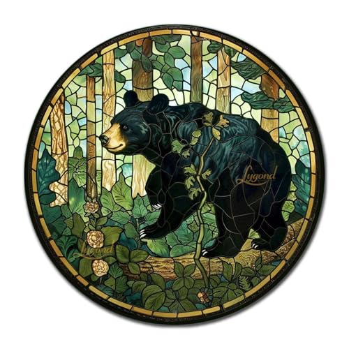 Metal Sign Tin Sign Circular Stained Glass American Black Bear Funny Bathroom Wall Decor for Restaurant 12×12 Inches (12×12 Inches / American Black Bear-1)