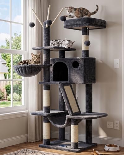 Cat Tree Tower with Padded Platform Bed (53 Inch / Smoky Gray)