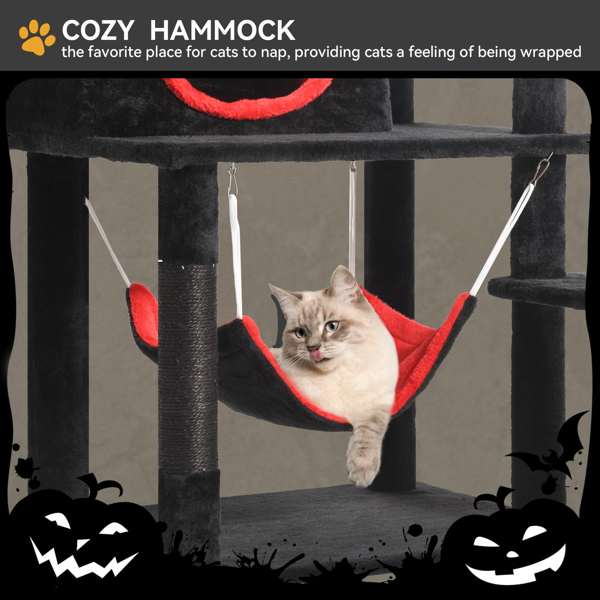 Gothic Cat Tree with Coffin Bed (Black and Red / 63inch)