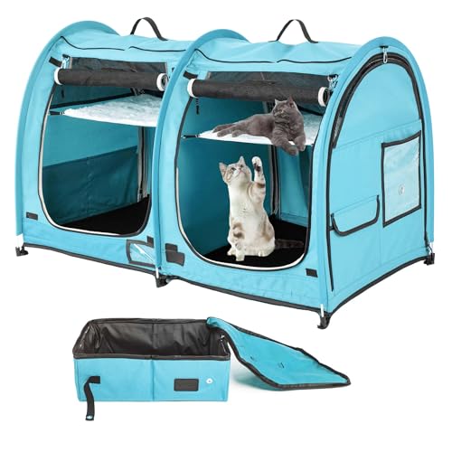 Mispace Portable Twin Compartment Show House Cat Cage (Blue)