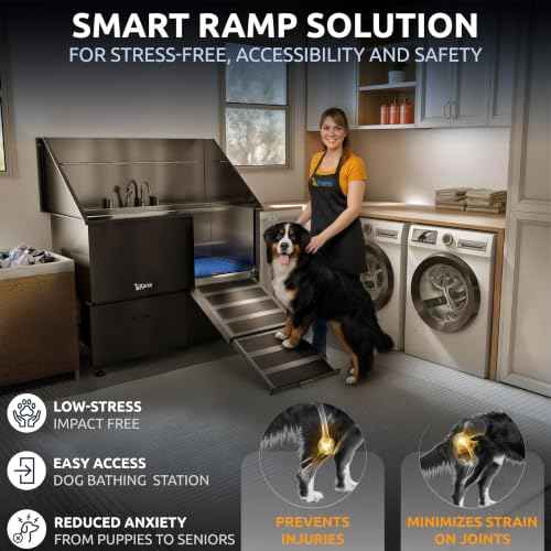 Professional Dog Washing Station 304 Stainless Steel Pet Wash Sink (Black, Right Ramp, 2 Drawer / 50 Inches)