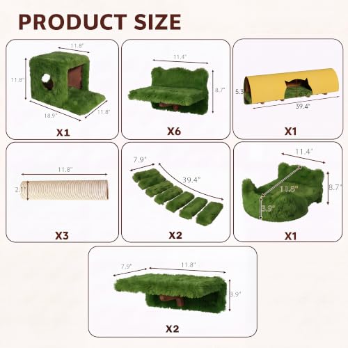 16-in-1 Cat Wall Shelves, Cat Furniture w/Tunnel & Bridge, Green (Green / 16-in-1)