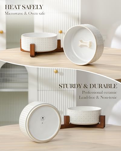 Dog Bowl Set Ceramic Bowls with Walnut Wood Stand (Rhombic+Polka Dots / 4 Cups)