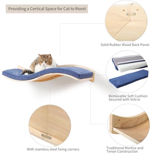 Cat Wall Shelves for Large Cats (Wood Shelf+Bule Cushion)