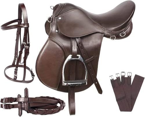 Leather English Riding Horse Saddle Starter Kit Brown Saddle 7 Pcs Combo Pack (Size 18)