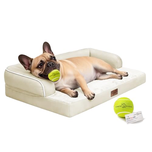 Washable Dog Bed with Bolster for Medium to Large Dogs (Beige / 36"L x 27"W x 7.5"Th)