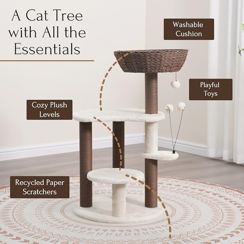 Handwoven Cat Tree with Basket Bed & Replaceable Scratching Posts (Cream and Brown)