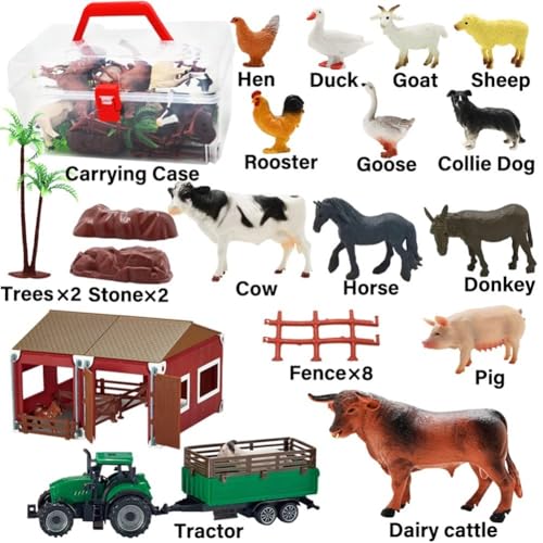 66PCS Mini Farm Animal Barn Toy with Tractor Trailer Fence for Kids Ages 3+ (Farm Animals Toys)