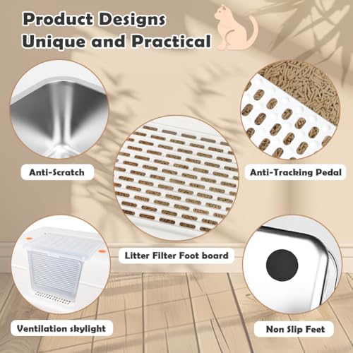 Stainless Steel Litter Box with Lid (Beige(With Mat&Step))