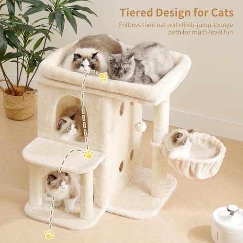 26.3" Cat Tree for Large Cats with Big Perch & Dual Condos HCT204SM (Beige / 26.3 inch)