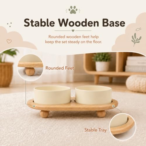 Raised Cat Bowl 5.1” Elevated Ceramic Cat Food and Water Bowl Set (Light Yellow)