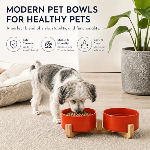 Dog Bowls Ceramic Cat Dog Bowl Set with Wood Stand for Food and Water (Rust Red / 400ML*2)