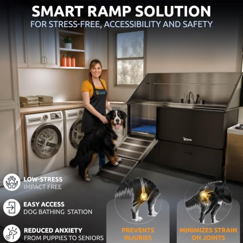 Professional Dog Washing Station 304 Stainless Steel Pet Wash Sink (Black, Left Ramp, 2 Drawer / 61 Inches)