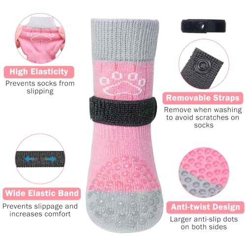 Anti Slip Dog Socks to Prevent Licking Paws for Hardwood Floors (Pearl Paw-Pink / Small (4 Count))