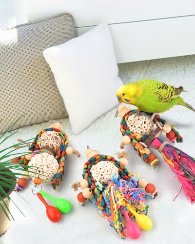 3PCS Bird Parrot Foraging Shredder Hanging Toys Sola Balls with Sand Hammer for Small Parrots Parakeets Conures Cockatiels Love Birds Cage Toy (3 PCS)
