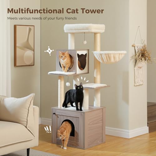 57.5" Cat Tree with Litter Box Enclosure for Large Indoor Cats (Large Cat / 57.5“ Wood Grey)