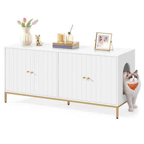 Double Cat Litter Box Enclosure (White + Gold / XXL (47.2"L x 17.7"W x 21.7"H))