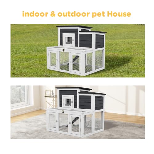 Outdoor Rabbit Hutch Wooden Bunny Cage for Small Animals (Gray+Black)