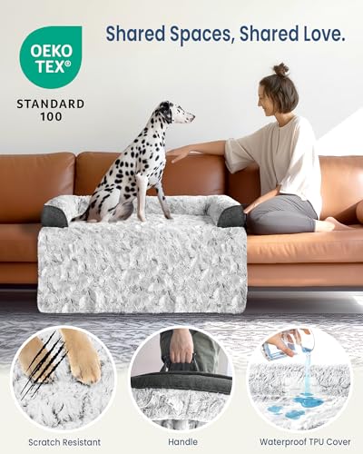 Calming Dog Bed for Couch with Cozy Raised Edge (Grey / 41"L x 37"W x 5"Th)