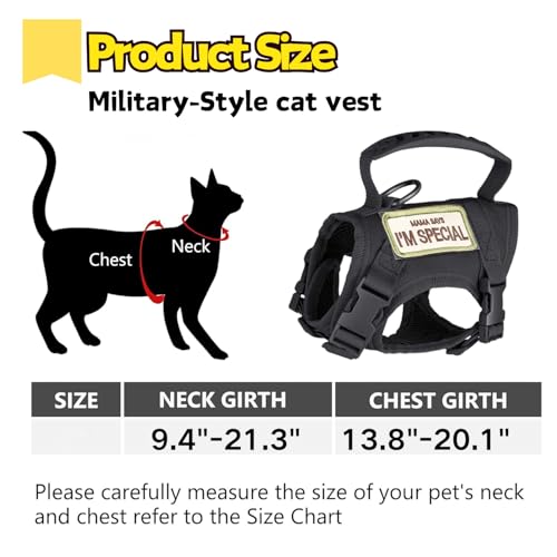 Tactical Cat Harness and Leash Set Soft Mesh Adjustable Large Cat Vest with Rubber Handle Easy to Control for Large Cat Small Dog Outdoor Walking (Black)
