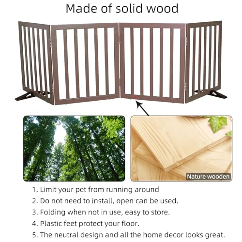 Freestanding Indoor Dog Gate for House Foldable Wood Puppy Gate for Doorways Pet Gate for Stairs Extra Wide Pet Fence (Brown / 【4 Panels】80''w x 24''h)
