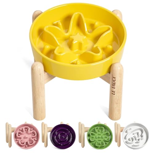 Ceramic Slow Feeder Puzzle Bowl Elevated 1.5 Cup with Wooden Stand for Small & Medium Dog (Star Yellow+Stand / M-1.5 Cups)