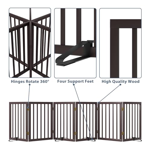 Dog Gates for the House Doorways Extra Wide 110 Inches Wood Freestanding Pet Gates for Dogs Indoor Fence with Support Stands (Espresso / 6 Panel - 110 inches Wide)