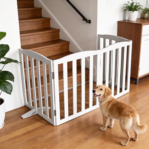 Foldable Freestanding Indoor Dog Gate for House Wood White Long Pet Gates Dog Fence for Stairs Puppy Gates for Hallways (White / 【4 Panels】80''w X 24''h)