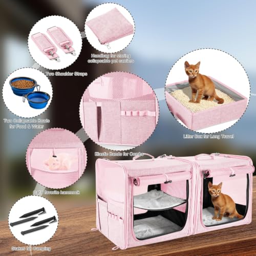Extra Large Cat Carrier for 2 Cats with Travel Litter Box (Pink)