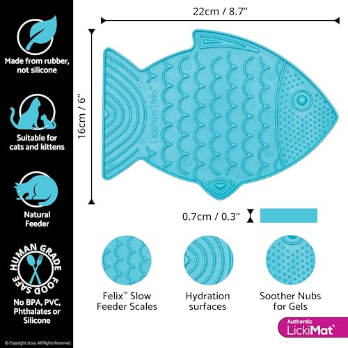 Felix, Fish-Shaped Cat Slow Feeders Lick Mat, Boredom Anxiety Reducer; Perfect for Food, Treats, Yogurt, or Peanut Butter. Fun Alternative to a Slow Feed Cat Bowl or Dish, Turquoise (Turquoise)