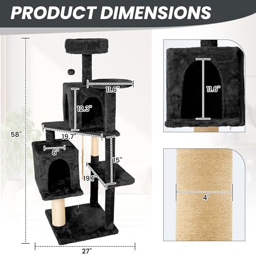 58in Large Cat Tree Tower for Indoor Cats with Soft Plush Hang Ball