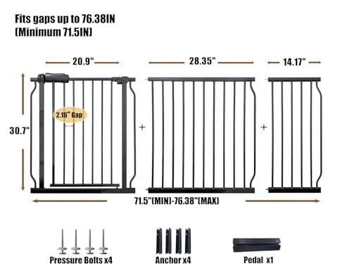 71.5 76.4 Inch Baby Gates Extra Wide Pet Dog Gates Indoor for Wide Openings (Black / 71.5"-76.3"/182-194CM)