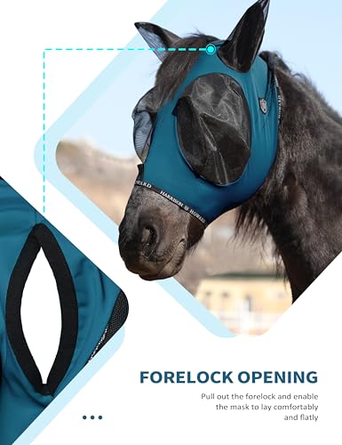 Horse Fly Mask with Forelock Opening Stretch Breathable and Comfortable for Horses UV (Peacock Blue / M)