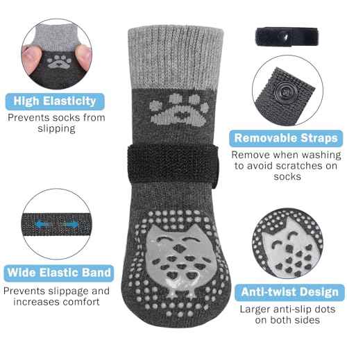 Anti Slip Dog Socks to Prevent Licking Paws for Hardwood Floors (Owl-Dark Grey / Large (4 Count))