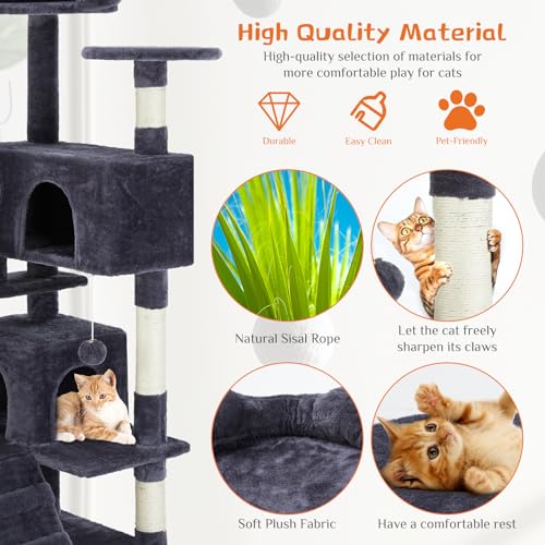 54 Inch Cat Tree Tower with Sisal Scratching Posts (Gray / 54"×19.7"×19.7")