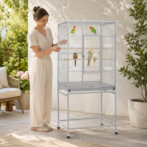 Metal Large Bird Cage Parrot Parakeet Cage w (Light Gray)