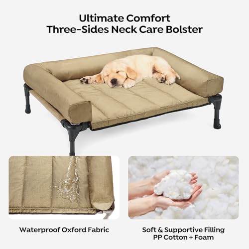 Outdoor Elevated Dog Bed with Waterproof Bolster Cushion (Beige Coffee / 32.0"L x 25.0"W x 7.0"Th)