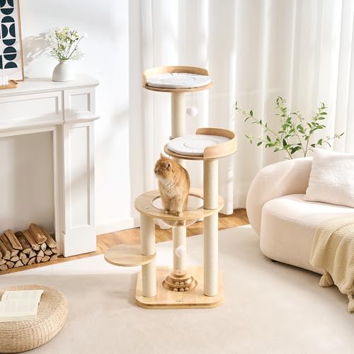 Modern Solid Wood Cat Tree Tower (49 Inch-Turntable Toy)