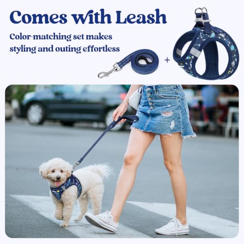 Dog Harness Small Sized and Leash Set (Navy Space Pups / S (chest: 15.1 - 16.5"))