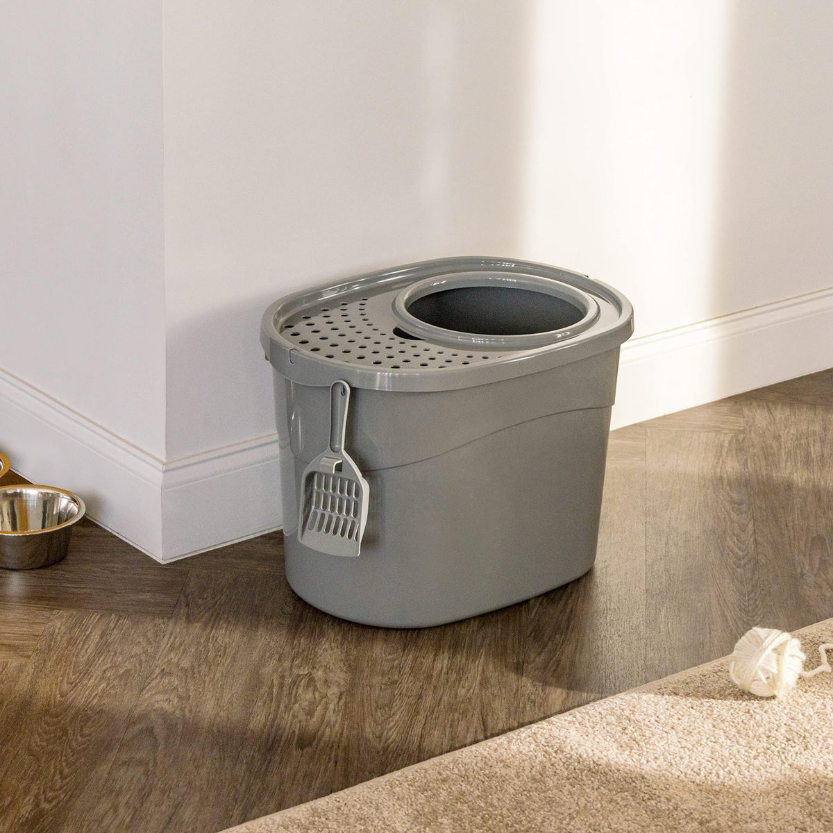 Large Cat Litter Box with High Sides (Grey / Top Entry)